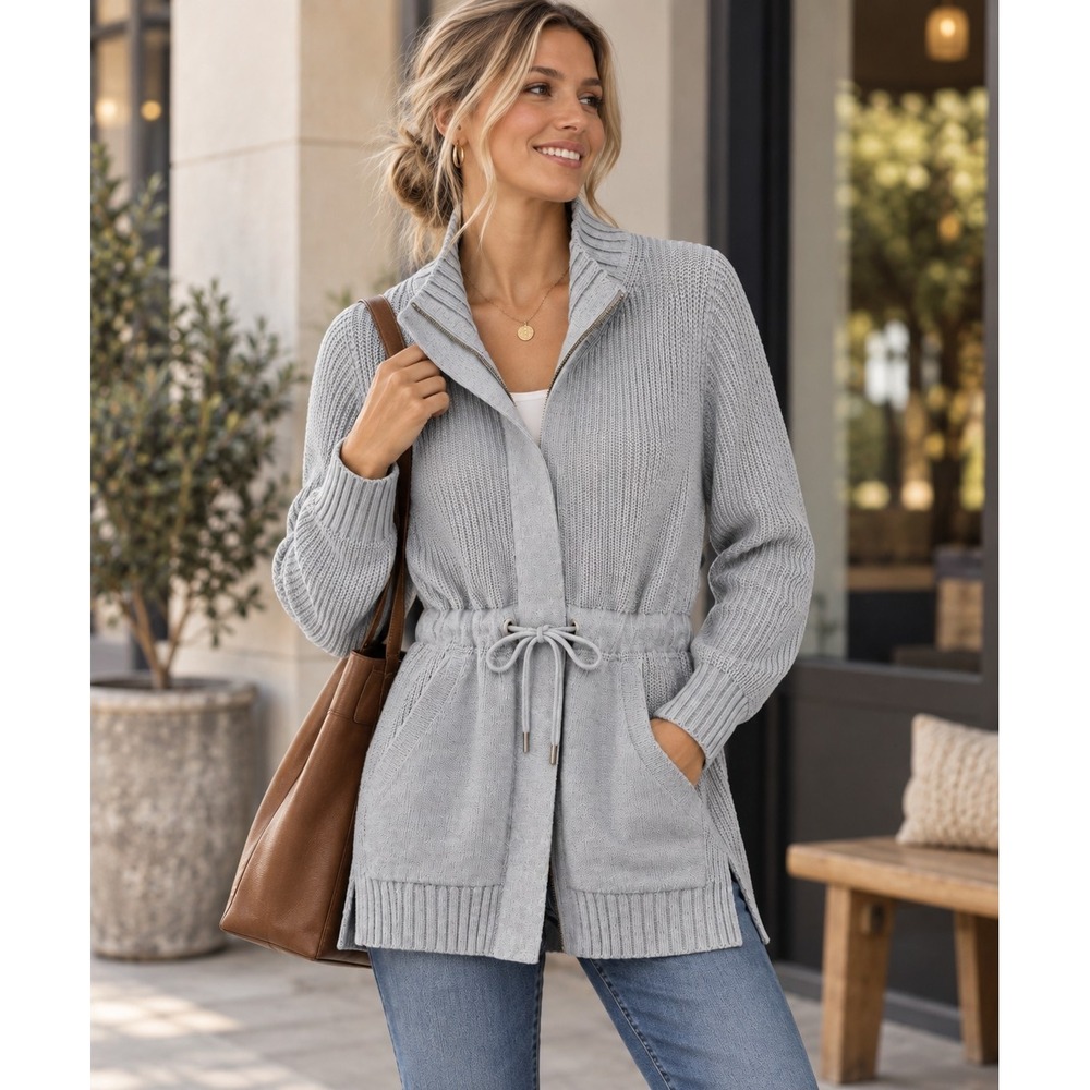 LOFT Lou & Grey Cardigan Jacket Medium Zip Front Drawstring Waist Cozy Fall
